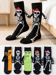 1/2/3/5 Pairs Black & White Skeleton Couple Magnetic Socks, White Mid-Calf Socks With Magnetic Attraction, Cute Auto-Connecting Socks For Spring & Autumn - Multicolor - View 1