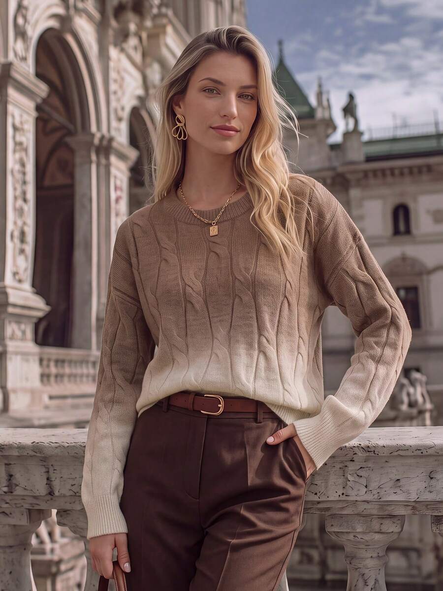NiceArt Women's Round Neck Gradient Color Cable Knit Wool Sweater, Loose Long Sleeve Pullover, Warm, Suitable For Autumn/Winter Daily Commute, Travel, Casual Gatherings - Khaki - View 1