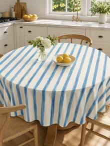 1pc Blue Stripe Table Cloth, Farmhouse Polyester Round Tablecloth With Vertical Line Pattern, Soft Washable Decorative Table Cover For Dining Table, Kitchen, Brunch, Picnic, Party, Wedding, Indoor Outdoor Home Decor - Multicolor - View 4