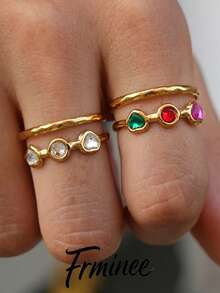 Frminee 2 Stücke/1 Stück 18K vergoldeter Edelstahl Doppelschicht offener Ring, bunter Herz-Kubikzirkonia verstellbarer Ring, wasserfest, nicht verblassend, exquisiter Statement-Schmuck - Verschiedenfarbig - Übersicht 3