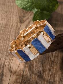 Set Perhiasan Gelang & Cincin Bertekstur Blok Warna Vintage, Gelang dan Cincin Enamel Geometris Tidak Beraturan Biru, Aksesori Fesyen Retro untuk Wanita Sehari-hari - Geometri 1 - View 6