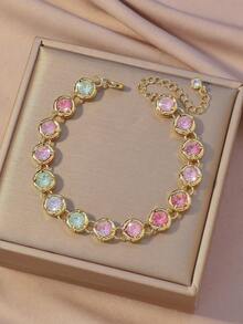 Multicolor Gemstone Bracelet - Rectangle/Round/Teardrop Rhinestone Jewelry, Suitable For Sweet Casual Outfits (Rhinestone Colors Arranged Randomly) - Colorful - View 14