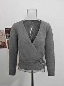 Women's Minimalist Sexy Loose Slouchy Grey Cross V-Neck Knit Cardigan Sweater Jacket, Unique Beautiful Knit Top For Autumn/Winter Fall - Grey - View 6
