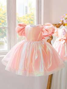 Young Girls Puff Sleeve Faux Pearl Dreamy Colorful Organza Party Dress, Suitable For Stage And Runway, Fabric Pattern Randomly Cut, Headband Not Included - Baby Pink - View 1