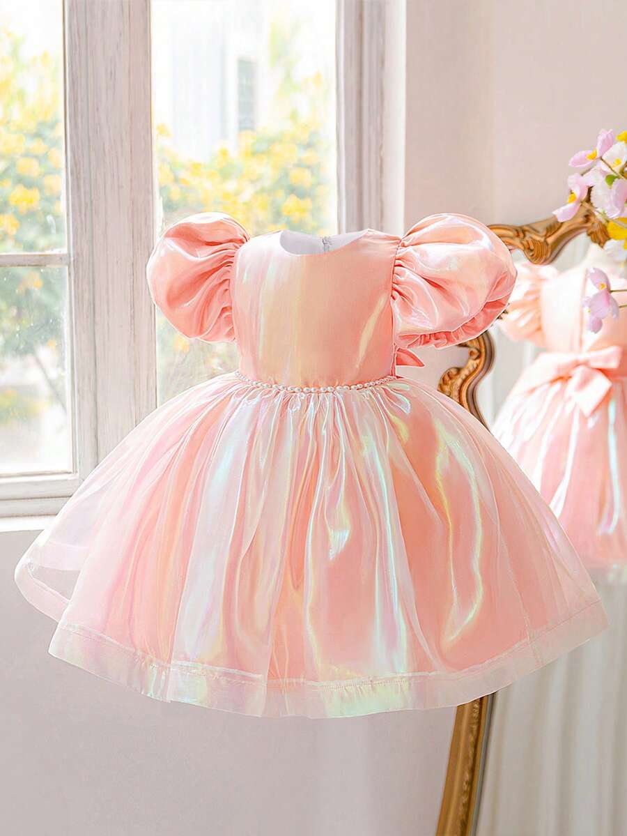 Young Girls Puff Sleeve Faux Pearl Dreamy Colorful Organza Party Dress, Suitable For Stage And Runway, Fabric Pattern Randomly Cut, Headband Not Included - Baby Pink - View 1
