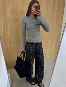 女款優雅純色圓領流蘇軟綿舒適時尚百搭長袖針織套頭衫，日常穿著與秋冬必備 - 灰色 - 查看 2