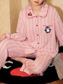 Gongdie 2 Pieces Women Pajama Set,Fall Pink Striped Soft Cotton Loungewear With Red Contrast Piping And Penguin Graphic - Pink - View 1