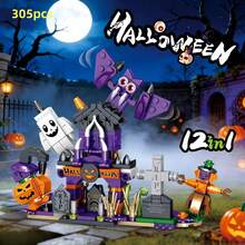 305pcs 12-In-1 Halloween Mini Building Blocks Set, DIY Pumpkin Ghost Bat Haunted House Blocks, Halloween Party Small Gift Toys, Spooky Desktop Decor, Suitable For Boys And Girls Trick Or Treat Holiday Gift - Multicolor - View 1