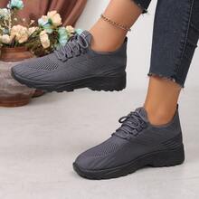 All-Season Women's Mesh Sneakers With Tight Weave, Breathable Lace-Up Thick Sole Height-Increasing Casual Shoes For Daily Wear And Pants Matching - Grey - View 2