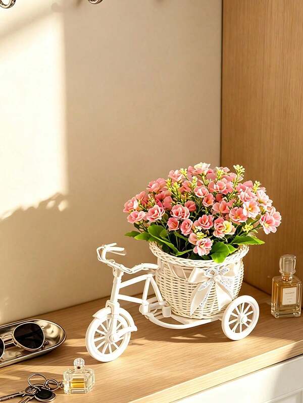 Adorno de bicicleta triciclo realista con cesta de flores tejida, maceta pequeña creativa de bicicleta, contenedor de arreglo de flores secas estilo Ins para escritorio, jarrón de flores macaron decorado con lazo, adecuado para niñas jóvenes, mujeres, estudiantes, regalo para hija, esposa, decoración floral de escritorio y estación de trabajo, cultivo de plantas pequeñas en el alféizar de la ventana, arreglo de ambiente de escritorio festivo, puede contener flores artificiales secas y flores frescas cortadas, almacenar clips de papel, ligas para el cabello y artículos diversos pequeños, regalo del Día del Maestro, temporada de regreso a la escuela, múltiples colores disponibles, compacto y ahorrador de espacio