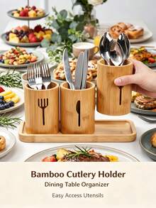 3/4pcs (Storage Bucket + Knife + Fork + Spoon) Set Combination Carbonized Bamboo Rustic Kitchen Utensil Holder, Divided Cutlery Tray Storage, Bottom Ventilation & Moisture-Proof, Natural Rustic Style Cutlery Rack Spoon Holder (Random Style Shipped) - View 7