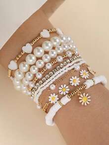 Conjunto de 10 piezas de pulseras de moda con perlas falsas y cuentas de margarita - Accesorios de mano bohemios creativos para la playa - Multicolor - Ver 1