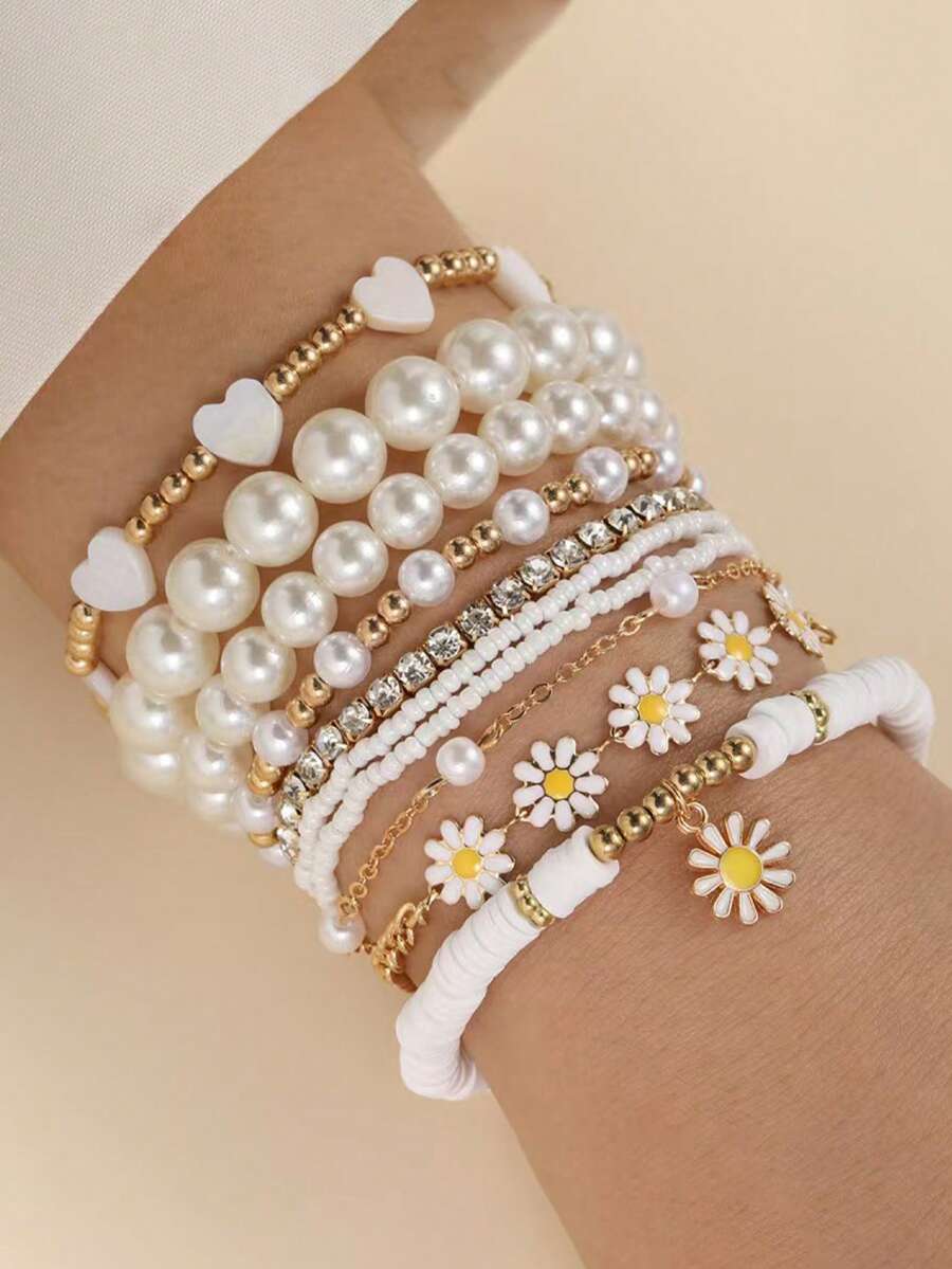 Conjunto de 10 piezas de pulseras de moda con perlas falsas y cuentas de margarita - Accesorios de mano bohemios creativos para la playa - Multicolor - Ver 1