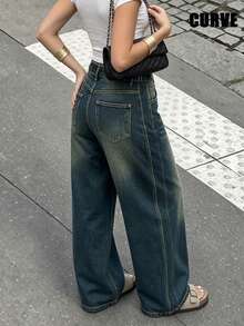 Plus Size Retro Casual Loose Straight Leg Denim Maxi Pants, Fashion & Versatile Spring Vacation Fall - Dark Wash - View 4
