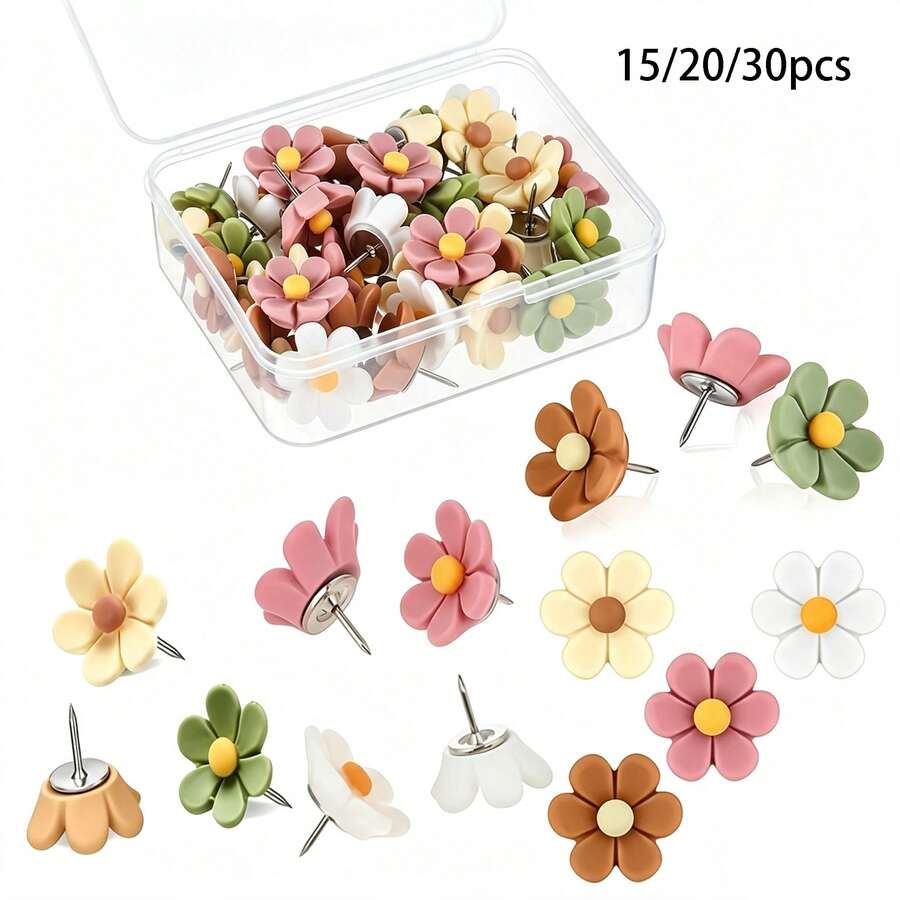 15/20/30pcs Flower Push Pins, Bohemian Style Small Size, Cute Decorative Large Head Pins For Back To School Classroom Supplies, Cork Board Accessories, Office Wall Photo Poster Use, Random Colors - A - View 1