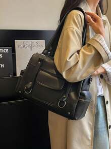 Metal Ring Rivet Decor Double Shoulder Handbag With Multiple Pockets, External Patch Pockets, Side Zipper Compartment, Layered Storage, Main Zipper Anti-Theft Large Capacity For Laptop, Umbrella, Cosmetics, Commuter Essentials, Versatile Tote Bag For Office Workers Daily Commute And Short Trips - Black - View 4