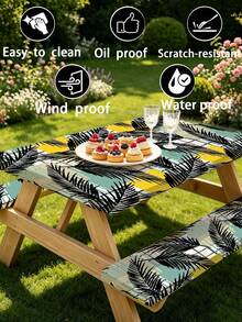 3 Pieces Picnic Tablecloth Set With Bench Cover, Elastic Edge Design, Leaf Pattern With Minimalist Geometric Pattern, Washable Rectangular Tablecloth, Suitable For Wedding, Camping, Picnic, Garden Party And Other Occasions, Practical Essential - D - View 8
