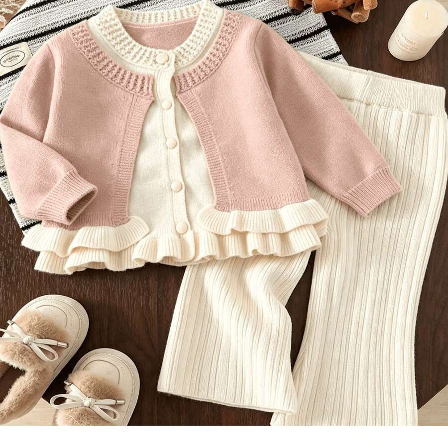 WUHUANG YIYI 2pcs/Set Baju Bayi Perempuan Lucu 2in1 Desain Hem Dua Warna Cardigan dan Celana, Potongan Longgar, Pakaian Sehari-hari, Musim Gugur/Musim Dingin