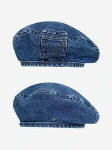 1pc Women's Vintage Distressed Washed Denim Pocket Beret Hat, Large Head Circumference, Versatile Elegant Painter Cap, Octagonal Hat - Blue - View 2