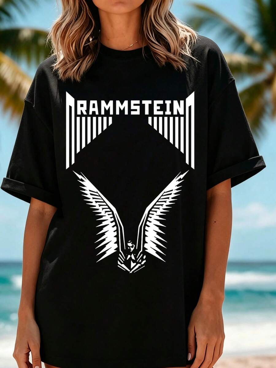 Oversized Short-Sleeve T-Shirt With Rammstein Eagle Logo Print, Minimalist Heavy Metal Graphic Design For Everyday Wear - 黑色 - 查看 1
