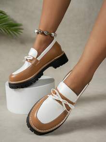 Women's Brown Thick Sole Mid-Heel Slip-On Round Toe Loafers With Bow Decor, Fashion Commuter Casual Shoes - Brown - View 5