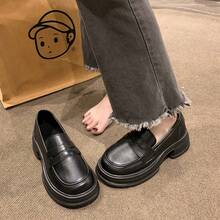 Women's Round Toe Thick Sole Platform Loafers, Vintage British Style Slip-On Spring Autumn College Commuter Shoes - Black - View 5