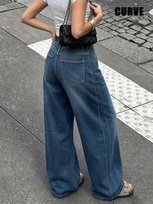 Plus Size Women's Retro Casual Loose Straight Leg Denim Maxi Pants, Fashionable & Versatile Spring Fall - Dark Wash - View 3