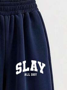 Teen GirlCasual Letter Print Half-Zip Sweatshirt And Wide Leg Pants 2-Piece Set, Autumn Winter Outfit, Campus Style, Homecoming Outfit - Navy Blue - View 3