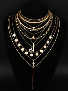 11/10/4pcs Fashionable Minimalist Golden Butterfly,Heart,Cross,Star,Moon,Faux Pearl Multi-Layer Necklace Set,Vacation,Party,Match With Daily Outfits - 金黃色 - 查看 4