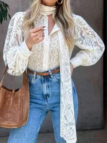 Floral Hollow Lace Pattern Button & Scarf Tie Decor V-Neck Hollow Puff Long Sleeve Casual Blouse Paired With Straight Leg Jeans White - White - View 7