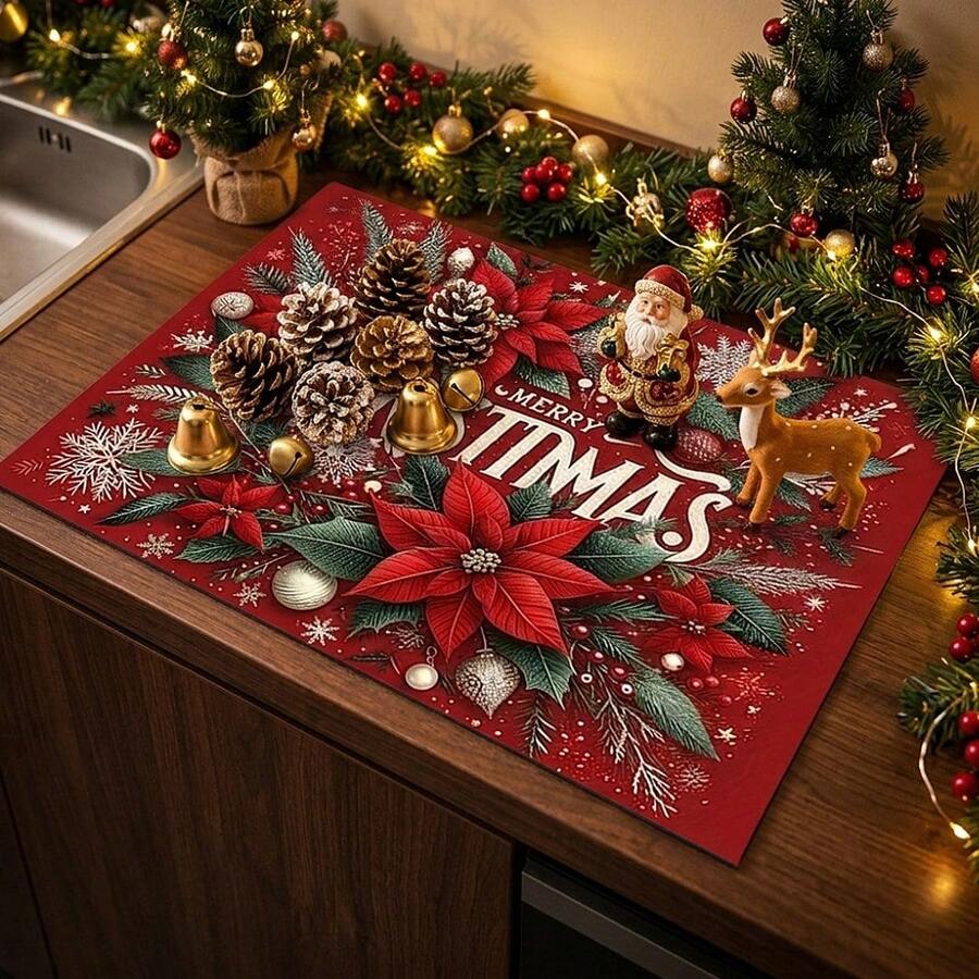 1pc Dish Drying Mat, Coffee Machine Mat, Christmas Holiday Style Table Mat, Absorbent Non-Slip Desktop Protector, Suitable For Dining Table And Bar Counter, Christmas Decoration Kitchen Drying Mat, Easy To Clean, Create Holiday Atmosphere, Home Gift, Desktop Decor
