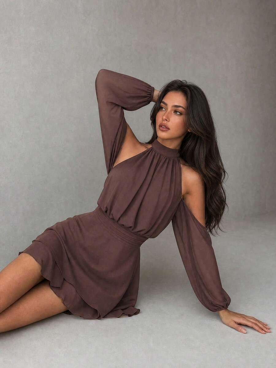 Casual Fashion Brown Cold Shoulder Lantern Sleeve Short Chiffon Dress, Elegant - Brown - View 1