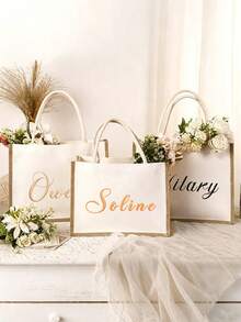 Personalized Custom Embroidered Name Canvas Linen Tote Bag, Large Capacity Handbag, Bridesmaid Gift Bag, Casual Commuter Shopping Shoulder Bag For Women - Multicolor - View 4