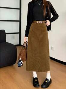 Autumn/Winter Casual Versatile Street Style Corduroy High Waist Elastic Waist A-Line Skirt, Fashionable Elegant Design, Knee Length - Khaki - View 2
