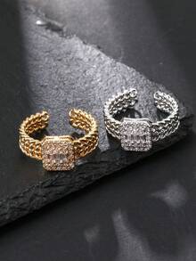 1pc Square Chain Style Women's Ring, Cubic Zirconia Inlaid, Gold And Silver Dual Color Open Adjustable Ring, Daily Wear, Gift For Girlfriend - Chain Link Rectangular Ring - View 1