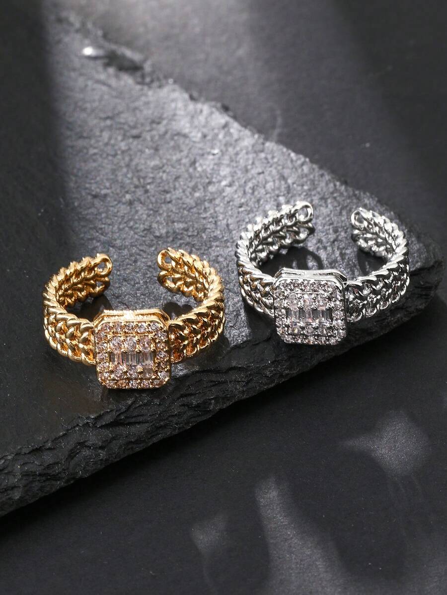 1pc Square Chain Style Women's Ring, Cubic Zirconia Inlaid, Gold And Silver Dual Color Open Adjustable Ring, Daily Wear, Gift For Girlfriend - Chain Link Rectangular Ring - View 1