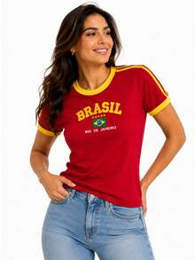 Baby Tee Brazil Retro Embroidered BabyLock Y2K - Rojo - Ver 3