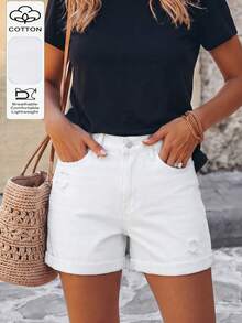Cross-Border American Street Style Summer New Versatile Loose Minimalist Casual Distressed Solid Color Washed Women's Jeans White - White - View 2