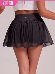 VUTRU High Waist 2in1 Mesh Sports Skirt With Built-In Pockets, Skirt Skort For Running And Tennis - Black - View 1