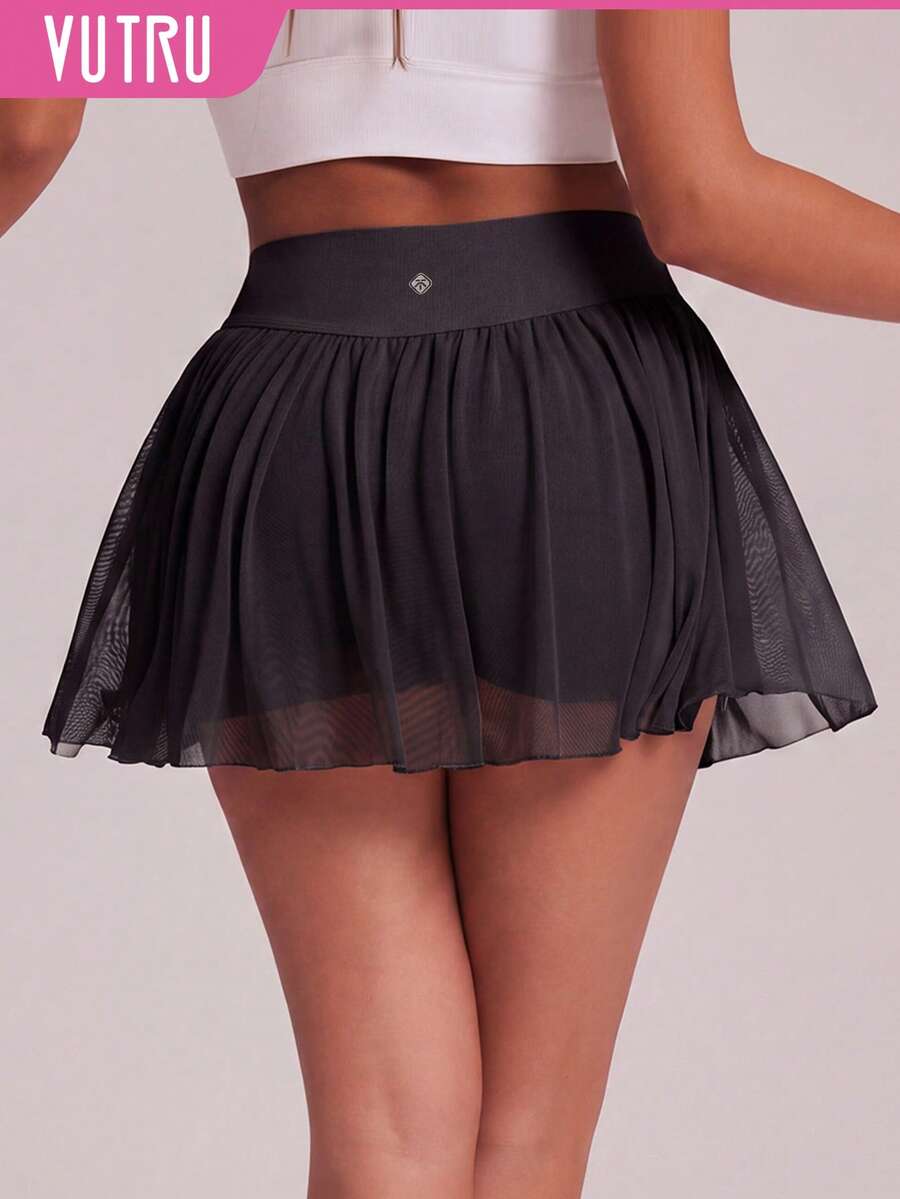 VUTRU High Waist 2in1 Mesh Sports Skirt With Built-In Pockets, Skirt Skort For Running And Tennis - Black - View 1
