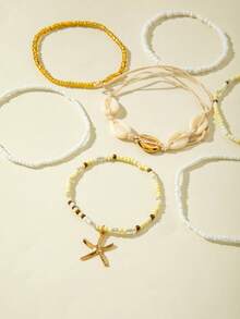 imoli 7pcs/Set Bohemian Resin Faux Shell & Starfish Multi-Layer Anklets, Summer Beach Beaded Stackable Anklets, Vacation Ocean Style Women's Foot Jewelry - Multicolor - View 5
