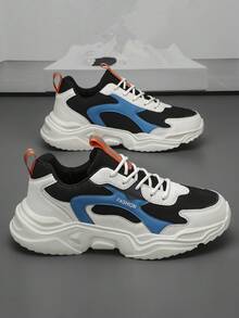 Sepatu Sneakers Pria Fashion dengan Patch Huruf Warna Kontras di Bagian Depan, Sepatu Sneakers Tebal Nyaman Serbaguna untuk Aktivitas Luar Ruangan, Terbuat dari Kulit dan Jala. - Putih dan hitam - View 2