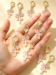 1pc New 26 English Letter Optional Enamel Drip Oil Cross & Cherry Blossom Pendant, Gold Lobster Clasp Detachable Bag Charm, Girls' Portable Key Decoration Small Gift - Pink - View 3