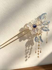 1pc Gradient Blue Glazed Floral Tassel U-Shaped Hair Pin, Crystal Bridal Hair Accessory, Suitable For Daily, Beach, Wedding And Party - Multicolor - View 10