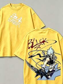 Soul Eater - Black Star Anime Washed T-Shirt, Double-Sided Cotton, Unisex Design, Japanese Manga Merchandise, Men's T-Shirt - 黃色2 - 查看 3