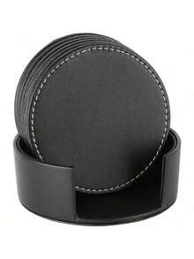 6pcs Round Leather Coasters, 4 Inch, Handmade Premium PU Leather, Non-Slip Design, Suitable For Home Decor And Kitchen Use, Housewarming Gift - Multicolor - View 11