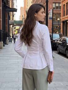 Women's Ruffle Trim Side Tie Long Sleeve Button Shirt, Casual Autumn Daily Commute Outing Date Outfit - White - View 3