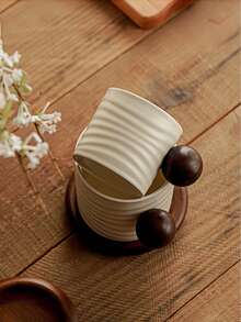 Japanese Wabi-Sabi Ceramic Coffee Cup & Saucer Set With Handmade Texture And Round Wooden Handle – Ideal For Home Afternoon Tea, Latte Art, And Daily Brew – Rustic Elegance For Warm, Inviting Sips. - Multicolor - View 4