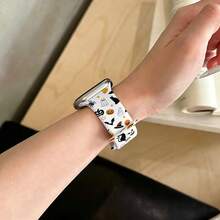 1pc White Halloween Black Cat Pattern Silicone Watch Band, Compatible With Apple Watch 38mm 40mm 41mm 42mm 44mm 45mm 46mm 49mm, Fashionable Cute Soft Comfortable Replacement Strap For Apple Watch Ultra 2 S12 S11 S10 SE 9 8 7 SE 6 5 4 3 2 1, Halloween Costume Accessory - Multicolor - View 3