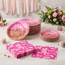10/20/40/60 Pcs,Pink Pixel Block Themed Disposable Paper Plates And Napkins,Video Game Pixel Print 9 Inch & 7 Inch Dinner Dessert Plates With Matching Tissues,Decorative Tableware For Girly Pixel‑Style Birthday Party Table Decor Supplies - Multicolor - View 2